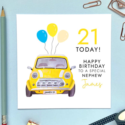 personalised yellow classic car birthday card - yellow classic mini, vintage - for a special son - grandson, nephew, teenager, teenage boy, husband, boyfriend, partner, cousin, brother, son in law, brother in law, male friend - 16th birthday card, 18th birthday card, 21st birthday card, 30th birthday card, 40th, 50th, 60th, 70th - birthday card for teenager, 21st birthday card for nephew - for her, girl, daughter, granddaughter, niece, sister, female friend, lady, woman