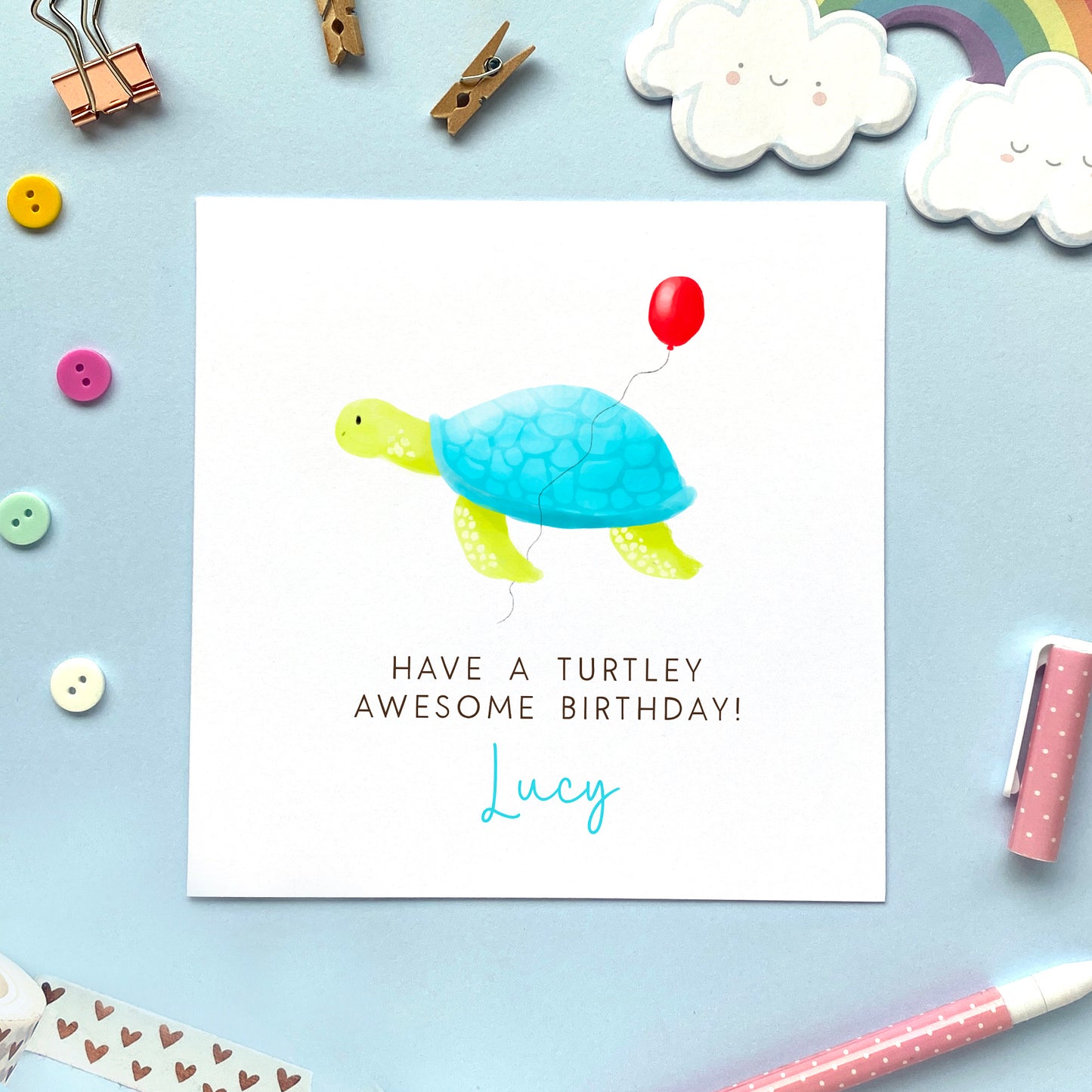 personalised turtle birthday card - for kids, children, boy, girl, cute, ocean - son, daughter, grandson, granddaughter, niece, nephew