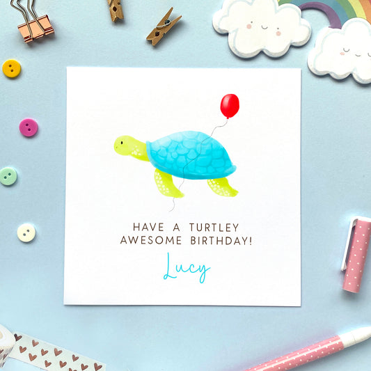 personalised turtle birthday card - for kids, children, boy, girl, cute, ocean - son, daughter, grandson, granddaughter, niece, nephew