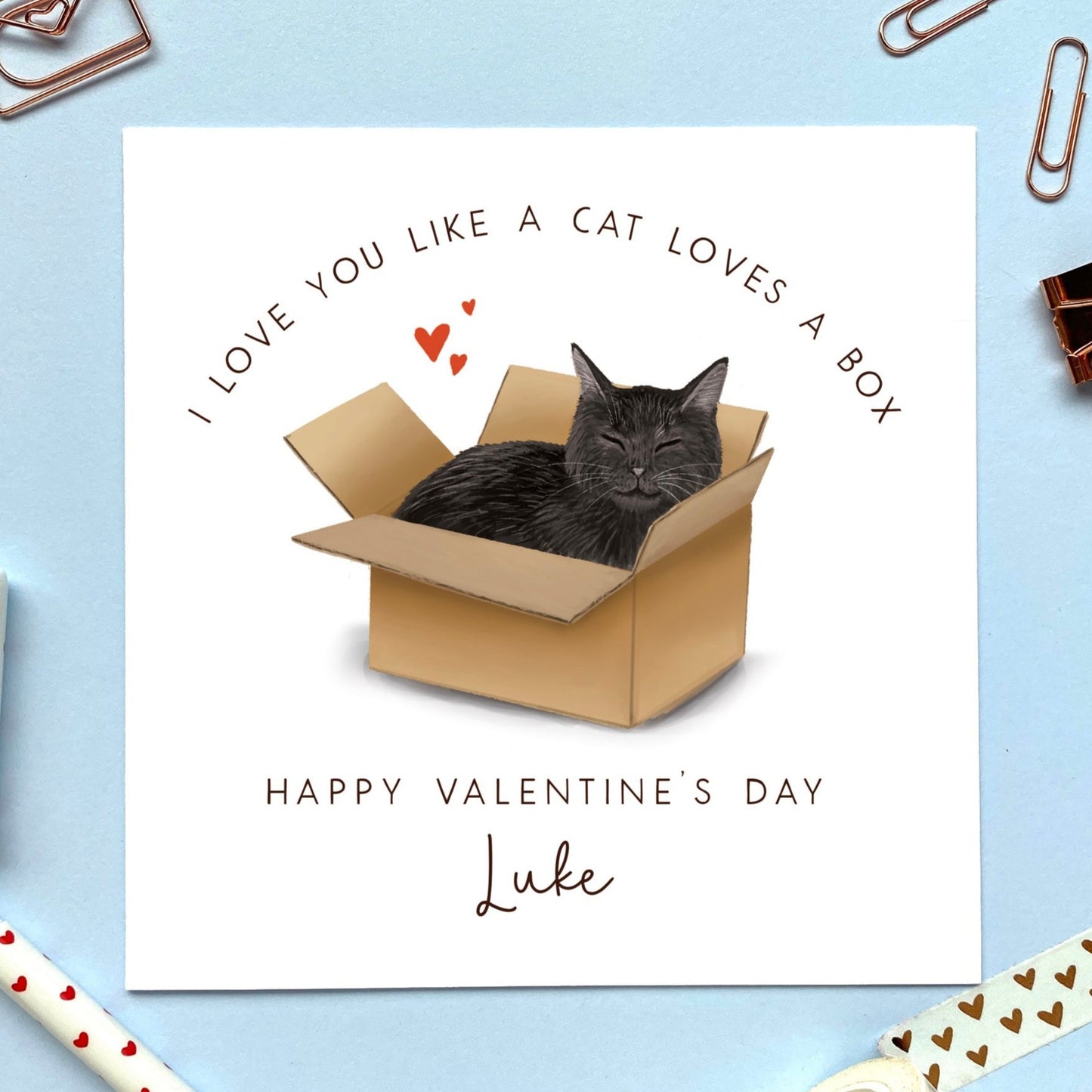 personalised black cat in a box valentine's day card - I love you like a cat loves a box - for him, her, cute, funny, girlfriend, boyfriend, husband, wife, fiance, fiancee, partner