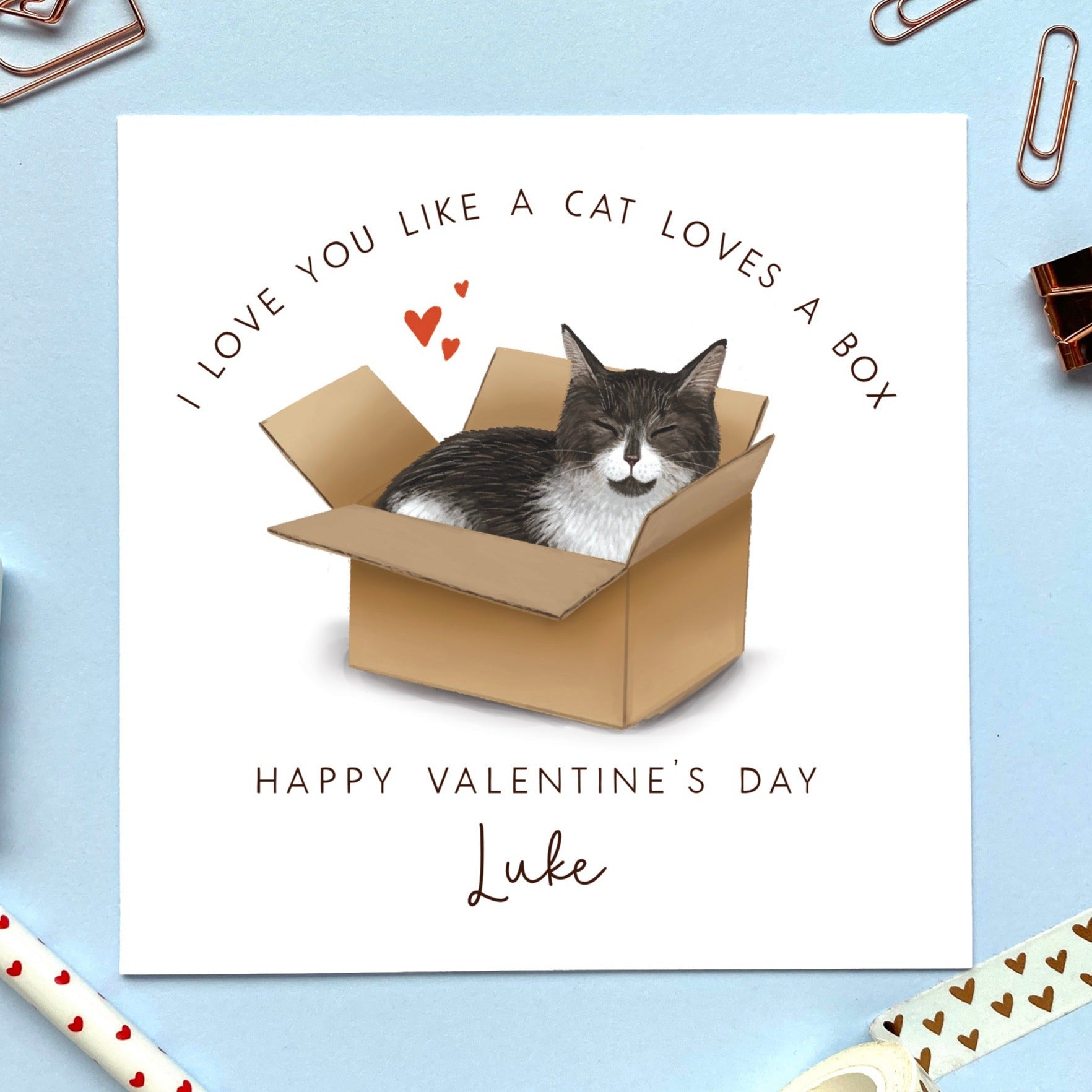 personalised tuxedo cat in a box valentine's day card - I love you like a cat loves a box - for him, her, cute, funny, girlfriend, boyfriend, husband, wife, fiance, fiancee, partner, black and white cat