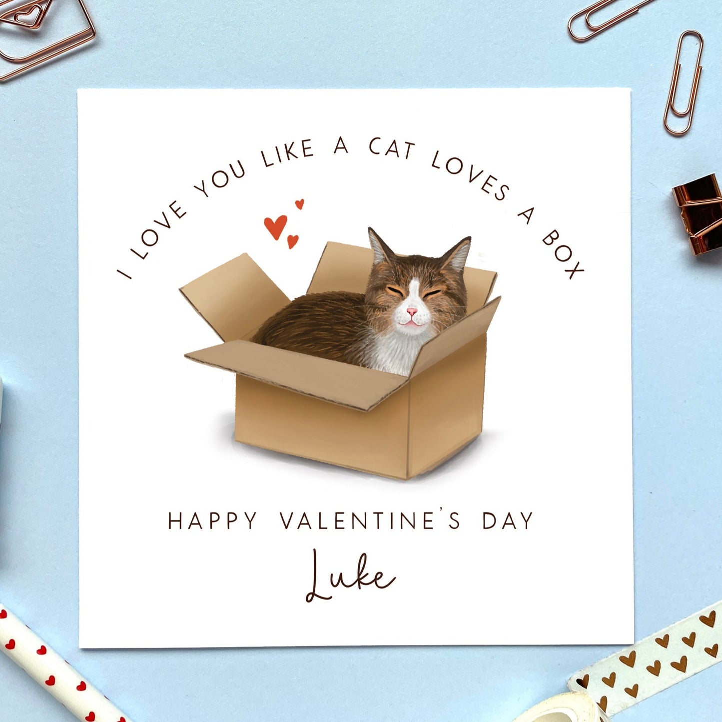 personalised tabby cat in a box valentine's day card - I love you like a cat loves a box - for him, her, cute, funny, girlfriend, boyfriend, husband, wife, fiance, fiancee, partner