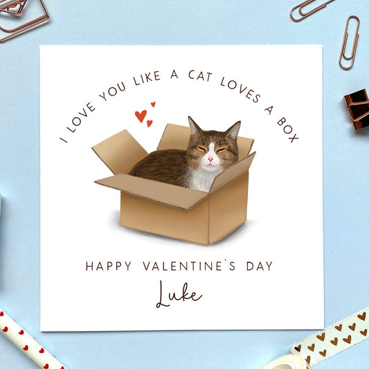 personalised tabby cat in a box valentine's day card - I love you like a cat loves a box - for him, her, cute, funny, girlfriend, boyfriend, husband, wife, fiance, fiancee, partner