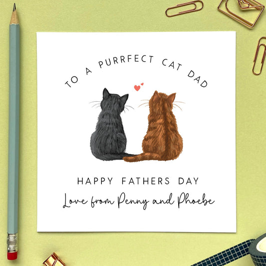 personalised cats fathers day card for cat dad - two cats card - personalised with cats names - tabby, black, white, brown, bengal, ginger - fathers day card for cat dad - cat daddy, dada, cat parent - for him, boyfriend, husband, fur baby mum, fur babies, 2 cats fathers day card