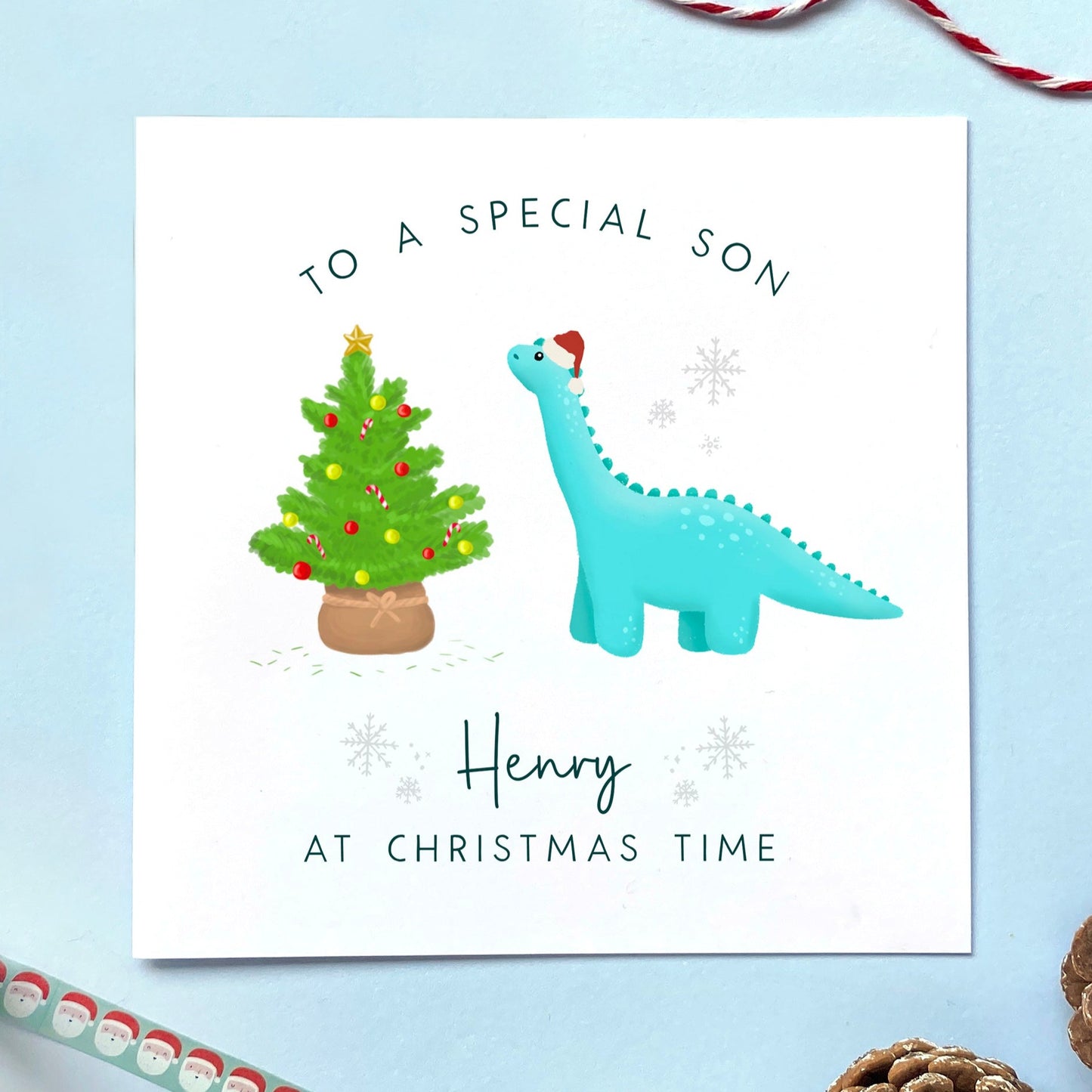 personalised dinosaur christmas card for boy - children, baby, kids, toddler - son, grandson, nephew, great grandson, brother, male cousin, great nephew - christmas card for little boy