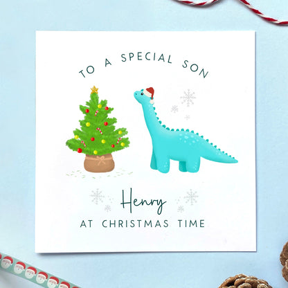 personalised dinosaur christmas card for boy - children, baby, kids, toddler - son, grandson, nephew, great grandson, brother, male cousin, great nephew - christmas card for little boy