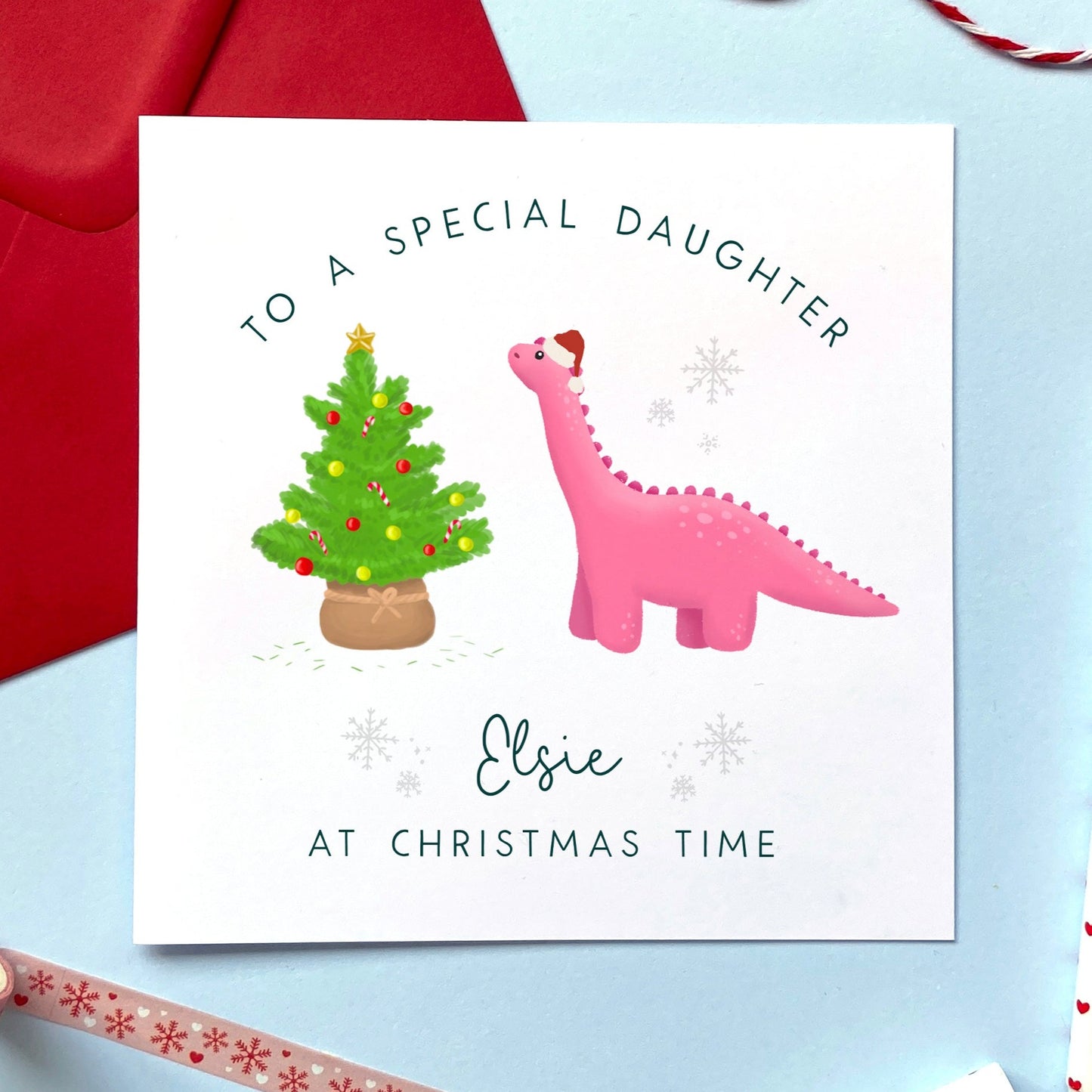 personalised dinosaur christmas card for little girl - daughter, granddaughter, niece, sister, female cousin - baby, toddler, kids, children - christmas card for girl - great granddaughter, great niece