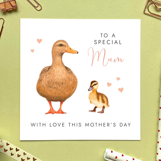 personalised duck mothers day card - to a special mum - mom, mam, mummy, mommy, mother - grandmother - granny, gran, grandma, nan, nanny, nana, nanna - for special mum this mother's day - mother duck and duckling - female mallard - cute mothers day card