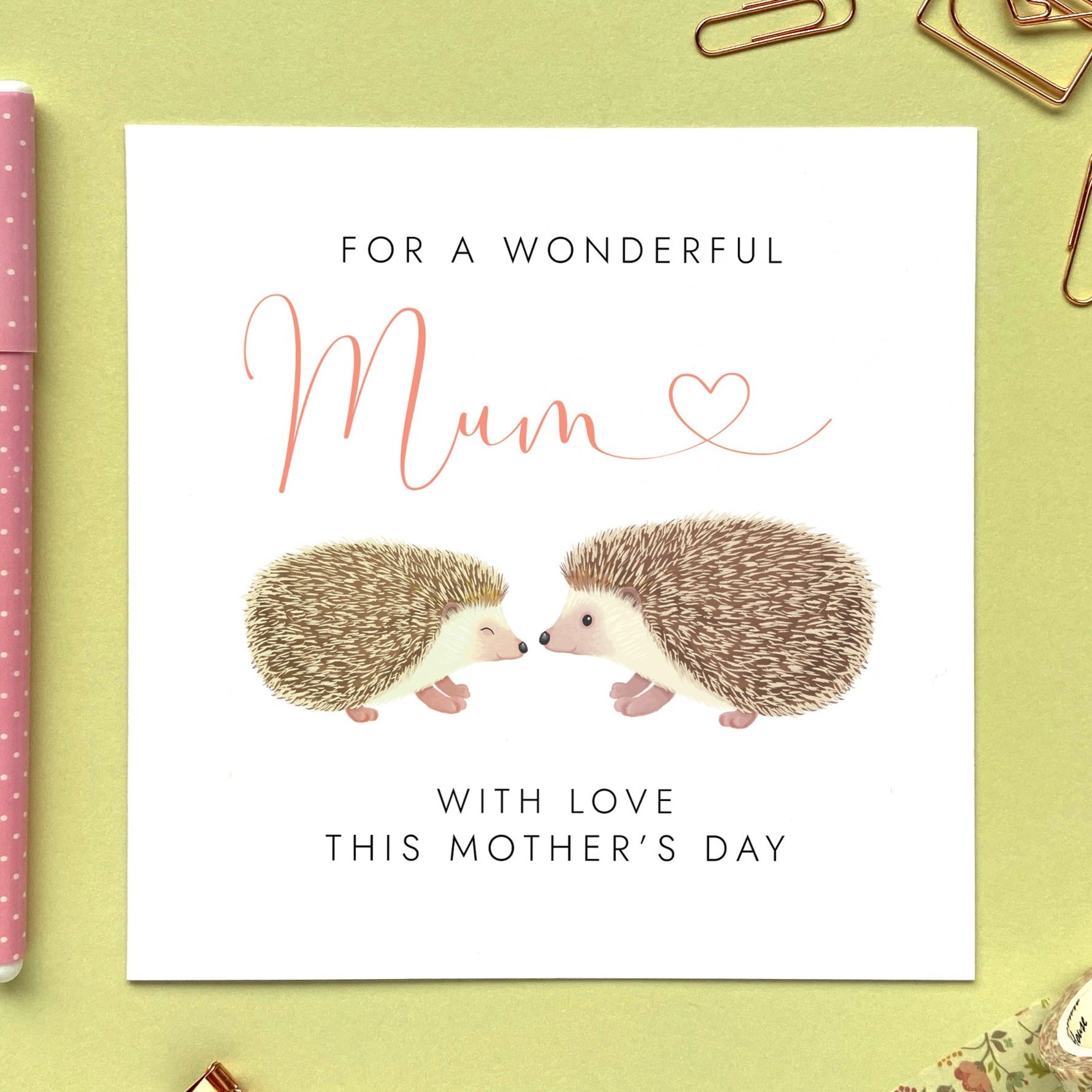 personalised hedgehog mothers day card for mum - to a wonderful mum - mom, mam, mummy, mommy, mama - with love this mother's day - grandma, gran, granny, nana, nan, nanny, nanna, grandmother, wife, partner, girlfriend, fiancee - from baby, bump, son, daughter, children, child, toddler