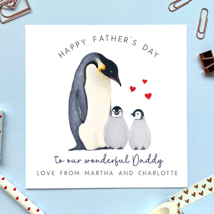 personalised penguin father's day card - happy fathers day, for a special dad, daddy, dada, grandpa, grandad, stepdad - from baby, bump, toddler, child, children, kids, son, daughter, grandson, granddaughter - sentimental, cute, special, unique - twins, two children, two kids, son and daughter, sons, daughters, funny, cute, penguins