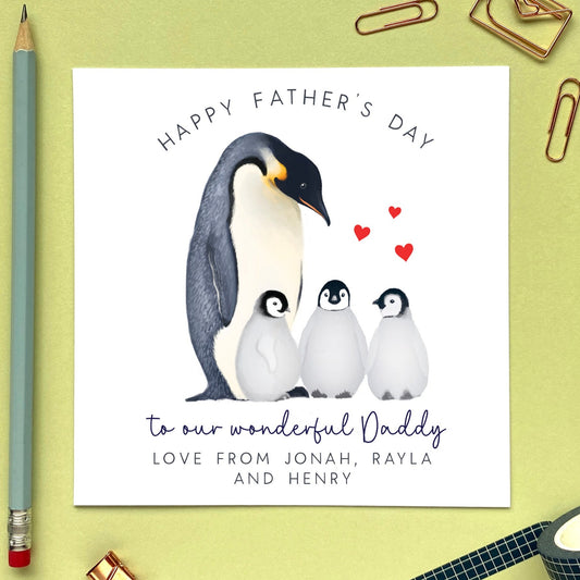 personalised penguin father's day card - happy fathers day, for a special dad, daddy, dada, grandpa, grandad, stepdad - from baby, bump, toddler, child, children, kids, son, daughter, grandson, granddaughter - sentimental, cute, special, unique - triplets, three children, three kids, son and daughter, sons, daughters, funny, cute, penguins