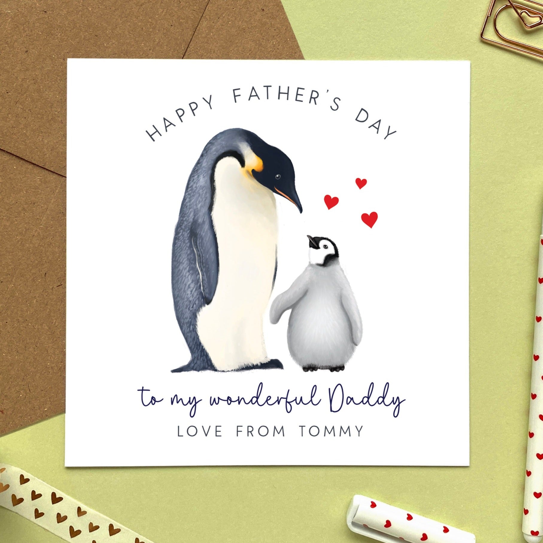 personalised penguin fathers day card - for a special daddy, dad, dada - from son, daughter, baby, bump, cute, special, handmade, uk, grandad, grandpa, papa, pappy