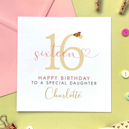 personalised any age birthday card for her - for daughter, girl, granddaughter, niece, teenager, her, teenage girl, female, young girl - sixteen, eighteen - 16th birthday card, 18th birthday card, 21st, 30th, 13th - pink, gold, simple, classy, elegant, butterfly