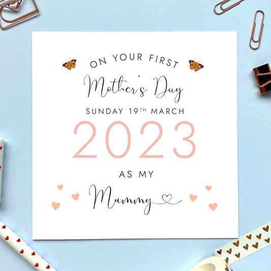 personalised first mother's day card - first mothers day as my mummy - from baby, son, daughter, bump - sunday 19th march 2023 - first mothers day as mommy, 1st mothers day as mama