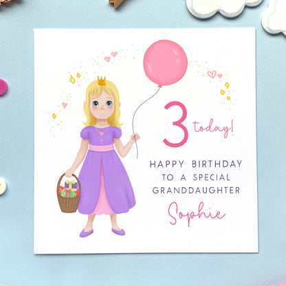 personalised princess birthday card for little girl - any age birthday card - 1st birthday card, 2nd birthday card, 3rd birthday card, 4th birthday card, 5th birthday card - for daughter, granddaughter, sister, niece, goddaughter - blonde straight hair, blue eyes