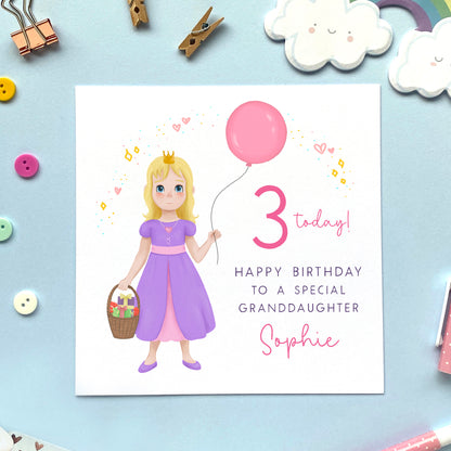 personalised princess birthday card for little girl - any age birthday card - 1st birthday card, 2nd birthday card, 3rd birthday card, 4th birthday card, 5th birthday card - for daughter, granddaughter, sister, niece, goddaughter - blonde straight hair, blue eyes