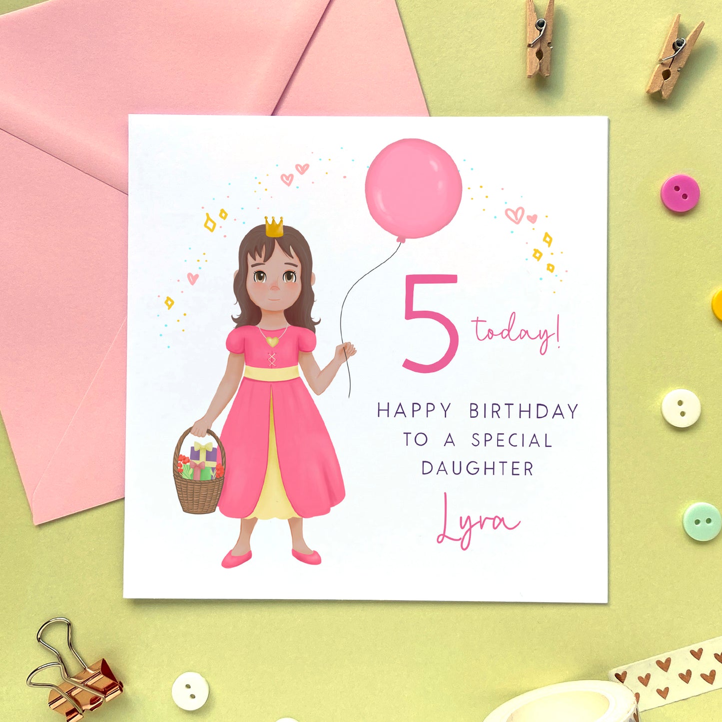 personalised princess birthday card for little girl - any age birthday card - 1st birthday card, 2nd birthday card, 3rd birthday card, 4th birthday card, 5th birthday card - for daughter, granddaughter, sister, niece, goddaughter - brunette, straight brown hair, brown eyes