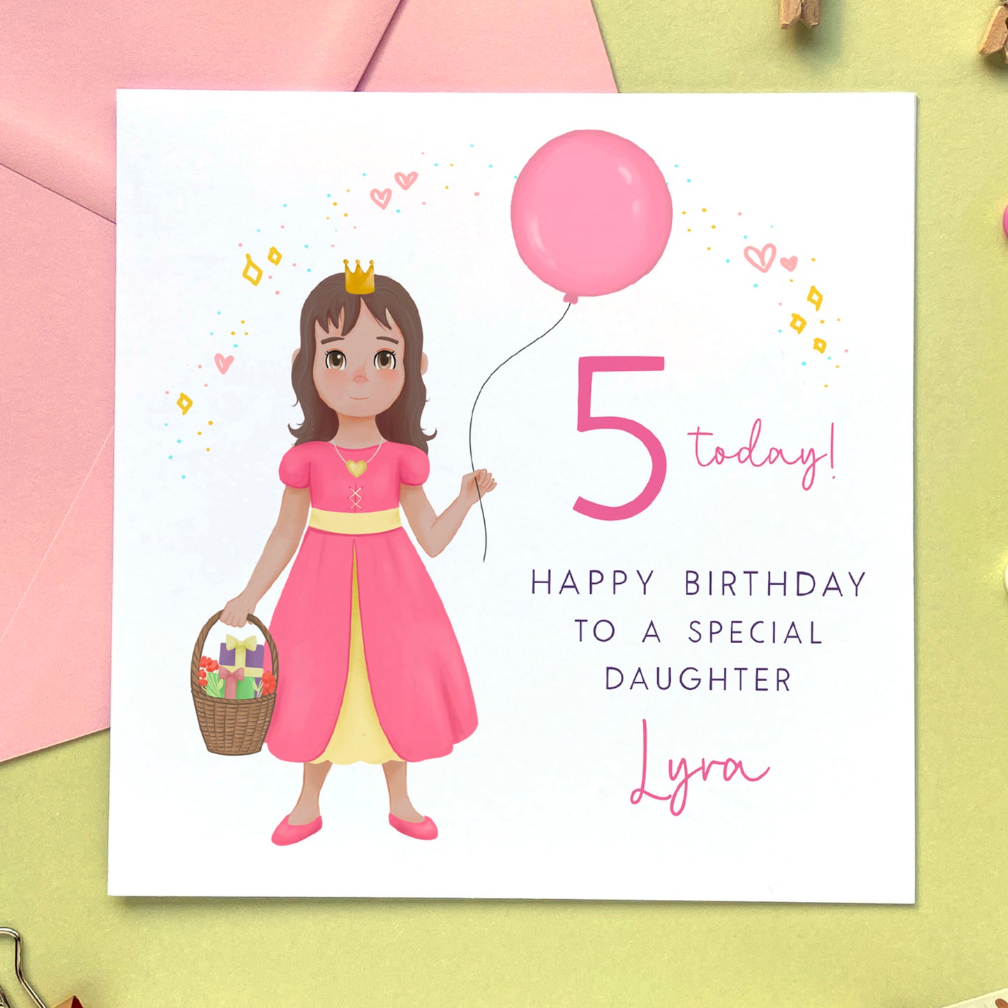 personalised princess birthday card for little girl - any age birthday card - 1st birthday card, 2nd birthday card, 3rd birthday card, 4th birthday card, 5th birthday card - for daughter, granddaughter, sister, niece, goddaughter - brunette, straight brown hair, brown eyes