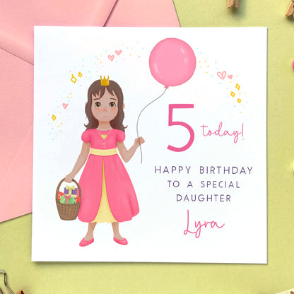 personalised princess birthday card for little girl - any age birthday card - 1st birthday card, 2nd birthday card, 3rd birthday card, 4th birthday card, 5th birthday card - for daughter, granddaughter, sister, niece, goddaughter - brunette, straight brown hair, brown eyes