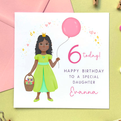 personalised princess birthday card for little girl - any age birthday card - 1st birthday card, 2nd birthday card, 3rd birthday card, 4th birthday card, 5th birthday card - for daughter, granddaughter, sister, niece, goddaughter - black curly hair, brown eyes