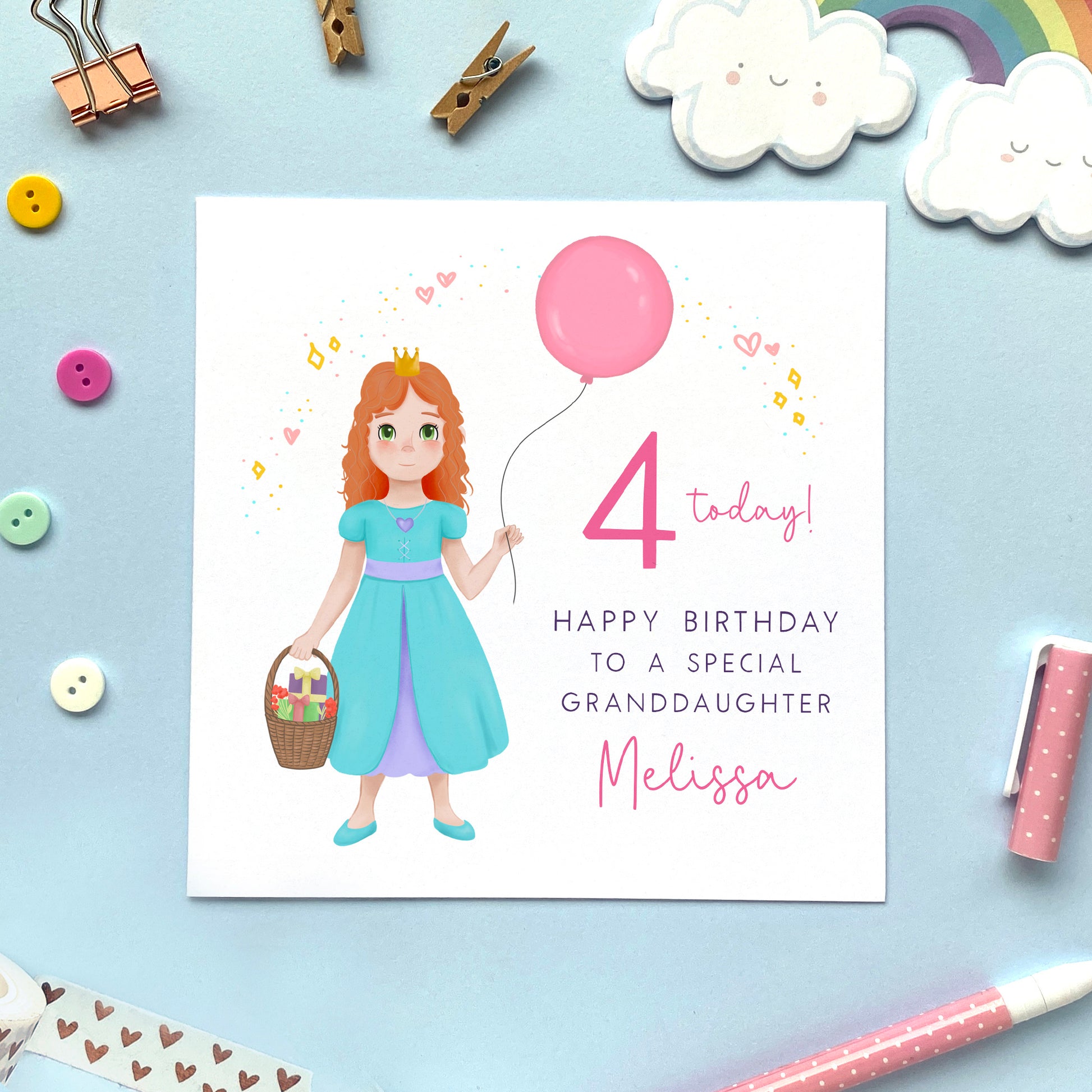 personalised princess birthday card for little girl - any age birthday card - 1st birthday card, 2nd birthday card, 3rd birthday card, 4th birthday card, 5th birthday card - for daughter, granddaughter, sister, niece, goddaughter - ginger girl, red curly hair, green eyes