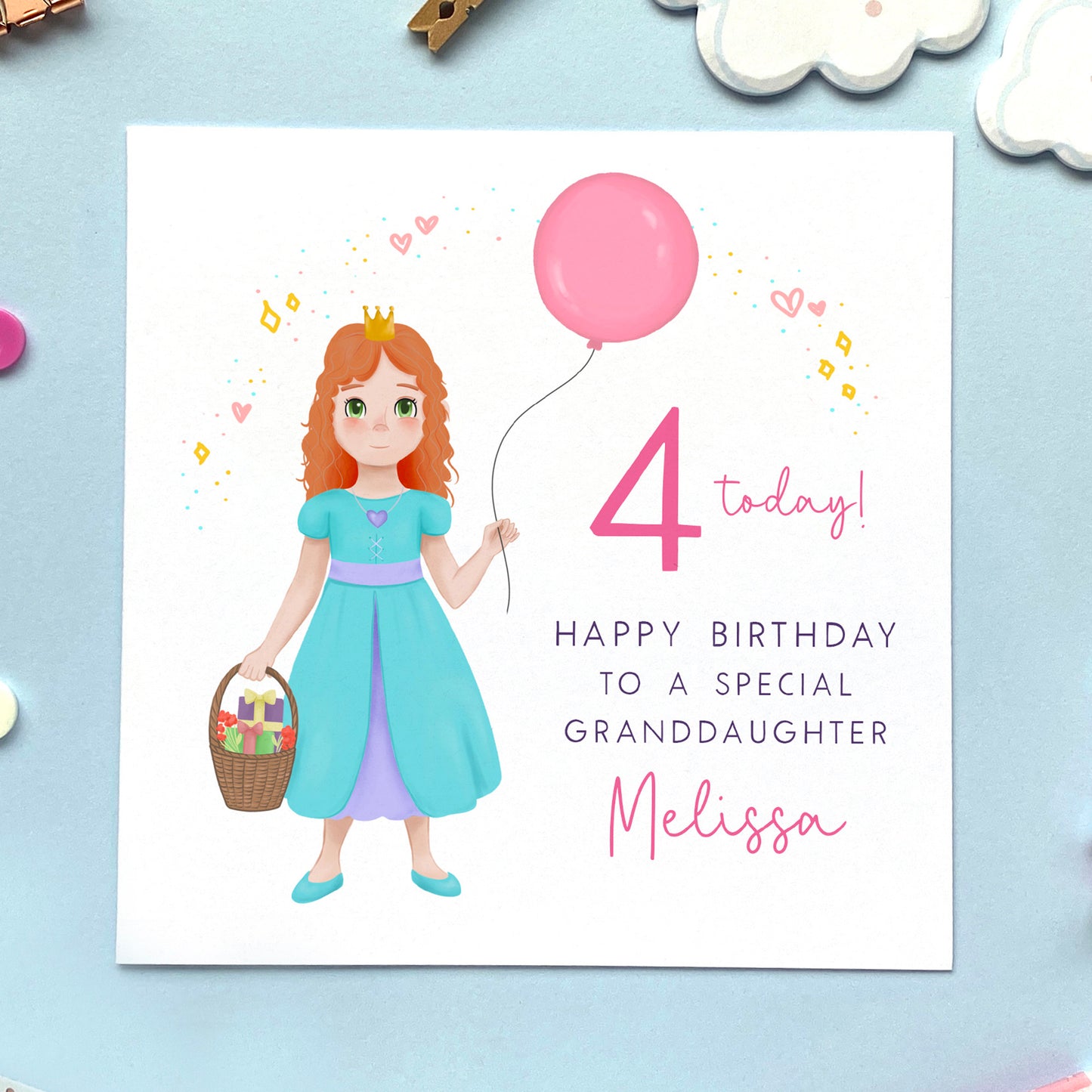 personalised princess birthday card for little girl - any age birthday card - 1st birthday card, 2nd birthday card, 3rd birthday card, 4th birthday card, 5th birthday card - for daughter, granddaughter, sister, niece, goddaughter - ginger girl, red curly hair, green eyes