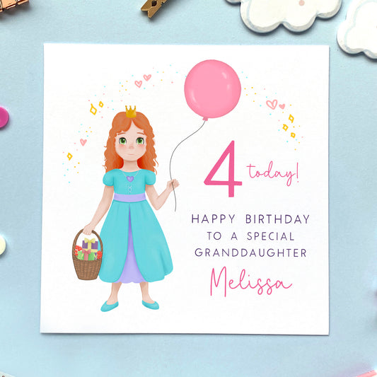 personalised princess birthday card for little girl - any age birthday card - 1st birthday card, 2nd birthday card, 3rd birthday card, 4th birthday card, 5th birthday card - for daughter, granddaughter, sister, niece, goddaughter - ginger girl, red curly hair, green eyes