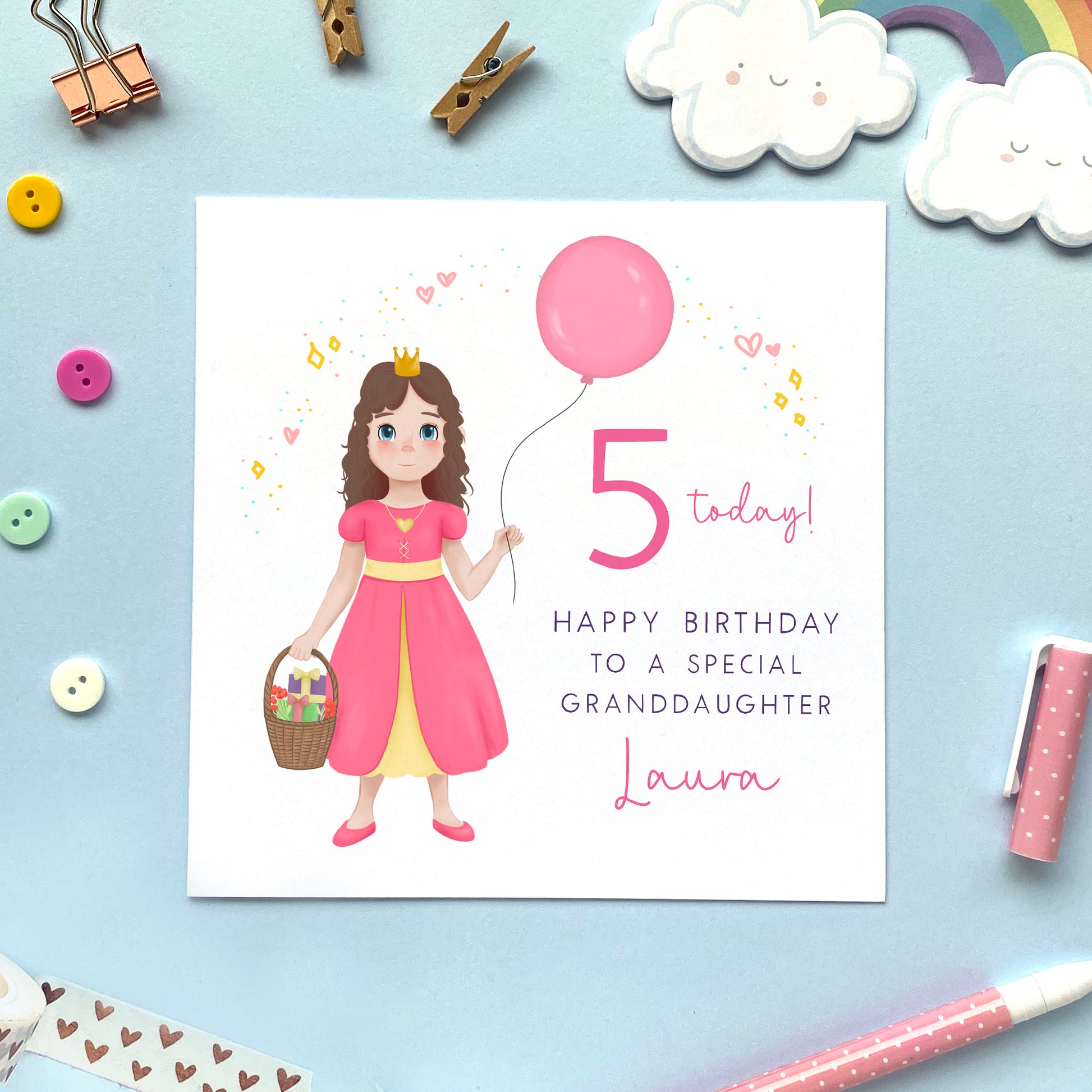 personalised princess birthday card for little girl - any age birthday card - 1st birthday card, 2nd birthday card, 3rd birthday card, 4th birthday card, 5th birthday card - for daughter, granddaughter, sister, niece, goddaughter - brunette, brown curly hair, blue eyes