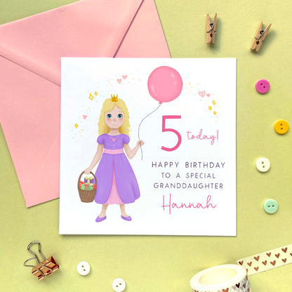 personalised princess birthday card for little girl - any age birthday card - 1st birthday card, 2nd birthday card, 3rd birthday card, 4th birthday card, 5th birthday card - for daughter, granddaughter, sister, niece, goddaughter - blonde curly hair, blue eyes