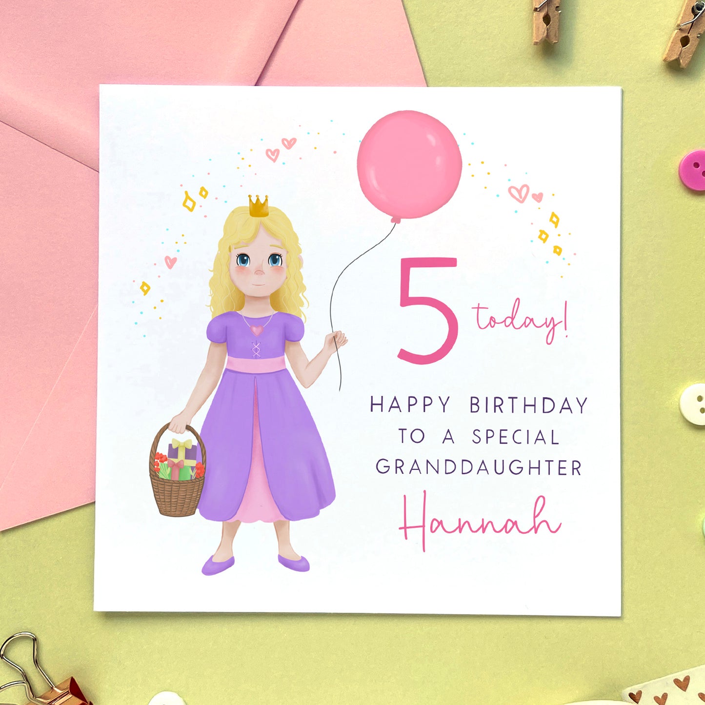 personalised princess birthday card for little girl - any age birthday card - 1st birthday card, 2nd birthday card, 3rd birthday card, 4th birthday card, 5th birthday card - for daughter, granddaughter, sister, niece, goddaughter - blonde curly hair, blue eyes