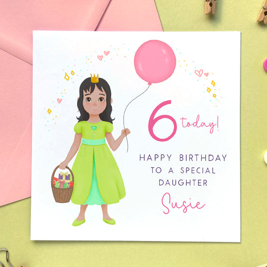 personalised princess birthday card for little girl - any age birthday card - 1st birthday card, 2nd birthday card, 3rd birthday card, 4th birthday card, 5th birthday card - for daughter, granddaughter, sister, niece, goddaughter - black hair, brown eyes