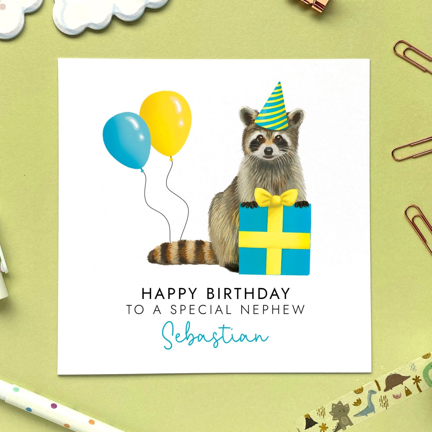 personalised any age raccoon birthday card - for him, son, grandson, nephew, brother, kids, children, child, baby, toddler, godson, cousin, boys - birthday card for boy - 1st, 2nd, 3rd, 4th, 5th, 6th, 7th, 8th, 9th, 10th, 11th, 12th, 13th, 14th, 15th, 16th 