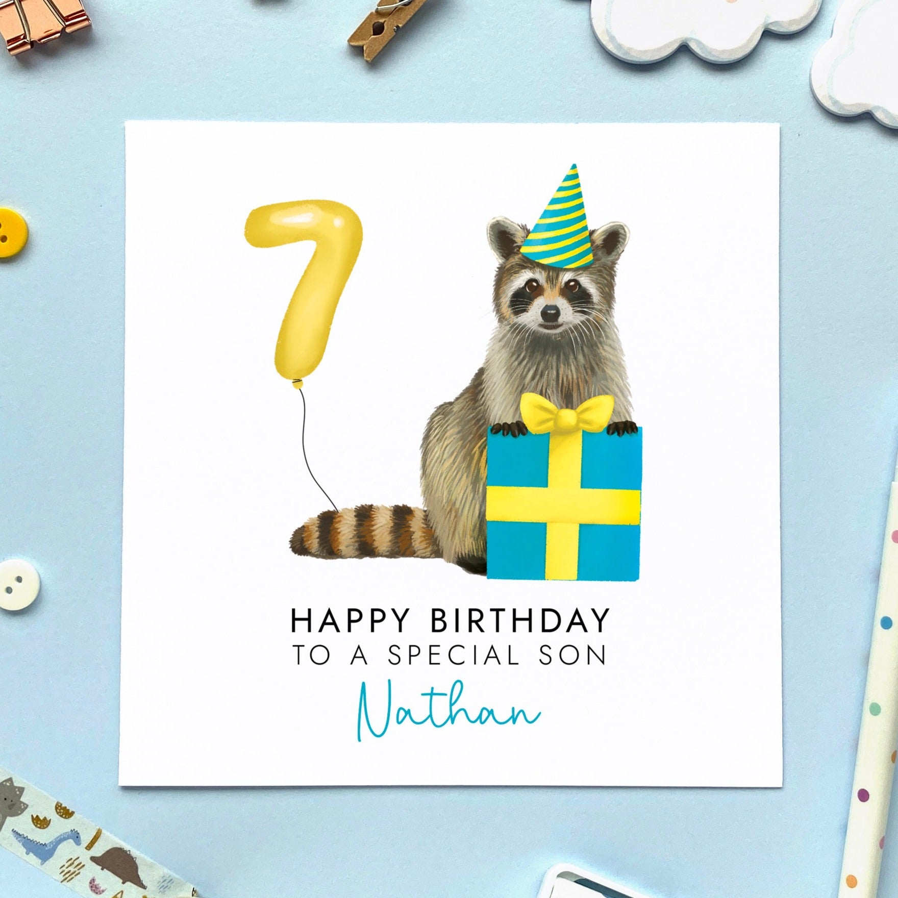 personalised any age raccoon birthday card - for him, son, grandson, nephew, brother, kids, children, child, baby, toddler, godson, cousin, boys - birthday card for boy - 1st, 2nd, 3rd, 4th, 5th, 6th, 7th, 8th, 9th, 10th, 11th, 12th, 13th, 14th, 15th, 16th - 7th birthday card for boy