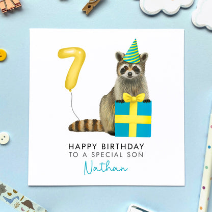 personalised any age raccoon birthday card - for him, son, grandson, nephew, brother, kids, children, child, baby, toddler, godson, cousin, boys - birthday card for boy - 1st, 2nd, 3rd, 4th, 5th, 6th, 7th, 8th, 9th, 10th, 11th, 12th, 13th, 14th, 15th, 16th - 7th birthday card for boy