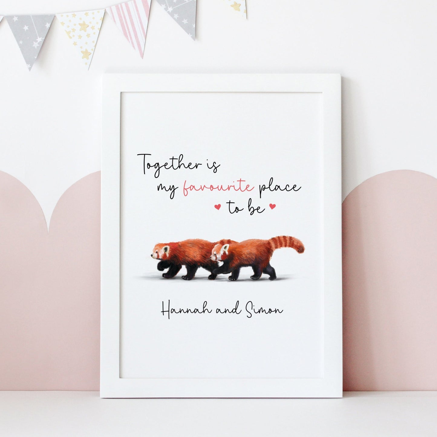 personalised red pandas print - A4 print, A5 print - together is my favourite place to me - names, couple, wedding gift, newlyweds, bride and groom - valentine's day gift, anniversary present, for him, her, girlfriend, boyfriend, fiance, fiancee, wife, husband, partner - cute, unique, special, him and her, bedroom, living room, decor, artwork, animal art