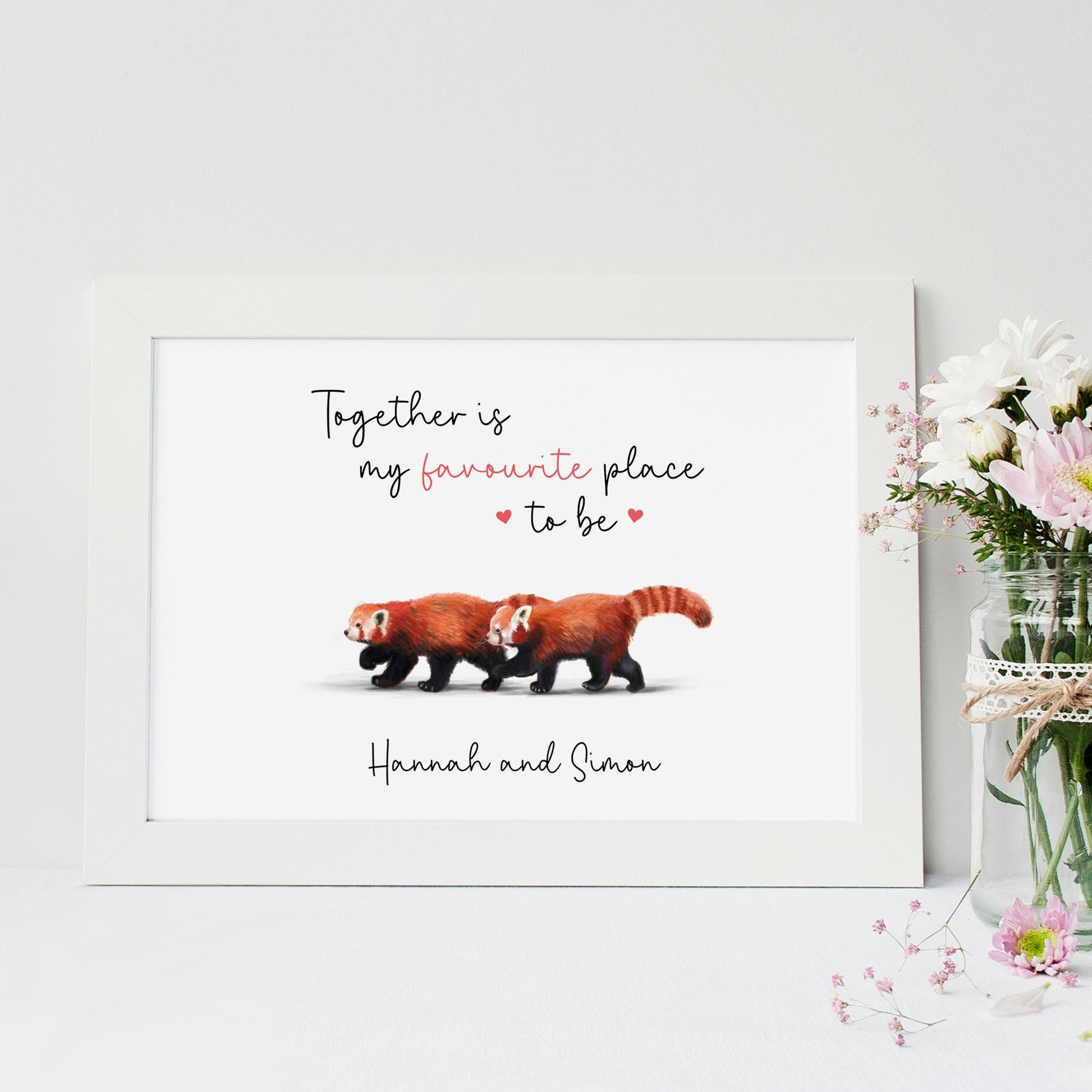 personalised red pandas print - A4 print, A5 print - together is my favourite place to me - names, couple, wedding gift, newlyweds, bride and groom - valentine's day gift, anniversary present, for him, her, girlfriend, boyfriend, fiance, fiancee, wife, husband, partner - cute, unique, special, him and her, bedroom, living room, decor, artwork, animal art