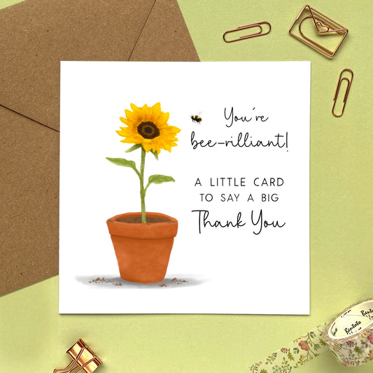 personalised sunflower thank you card - for friends, family, wedding, birthday present, brother, sister, mum, dad, funny, cute, special, bumblebee, bee-rilliant, pun, bee thank you card, flowers, floral, thanks for your support, kindness, thank you teacher card