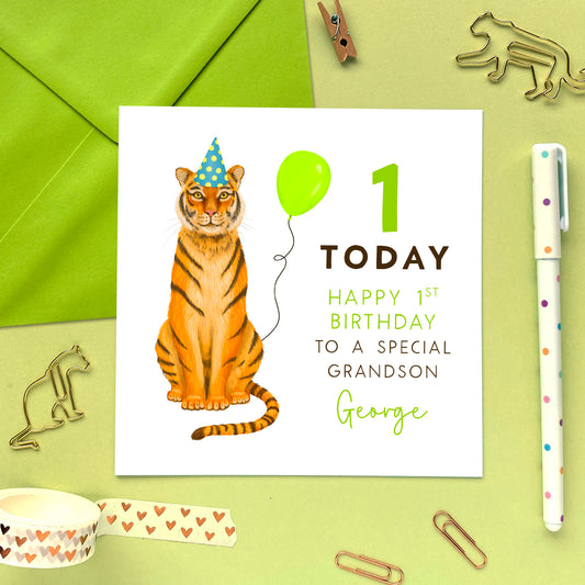 personalised tiger 1st birthday card - for girl, boy, kids, children, baby - son, grandson, nephew, brother, daughter, granddaughter, niece, sister - special, animal, zoo, cute