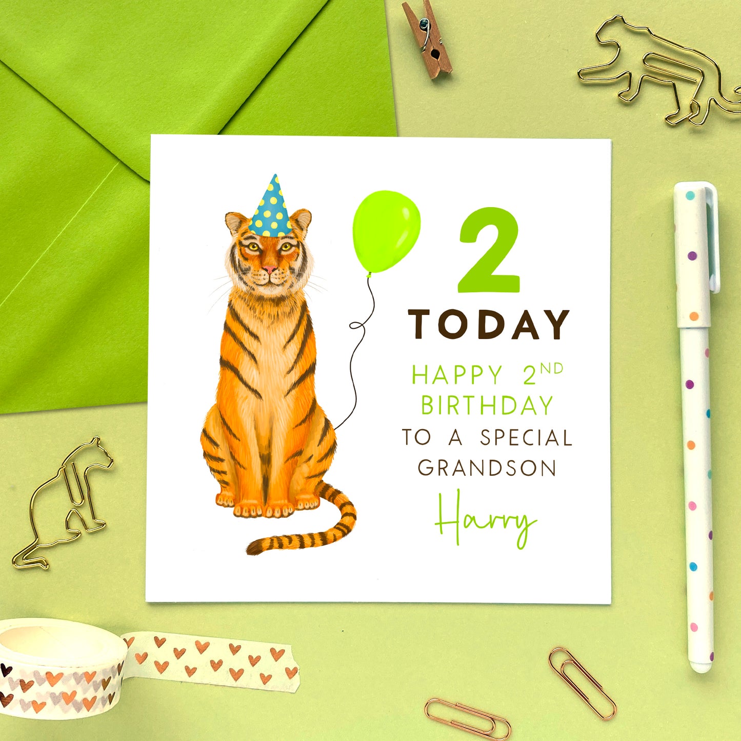 personalised tiger 2nd birthday card - for girl, boy, kids, children, baby - son, grandson, nephew, brother, daughter, granddaughter, niece, sister - special, animal, zoo, cute