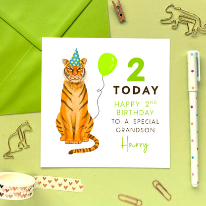 personalised tiger 2nd birthday card - for girl, boy, kids, children, baby - son, grandson, nephew, brother, daughter, granddaughter, niece, sister - special, animal, zoo, cute