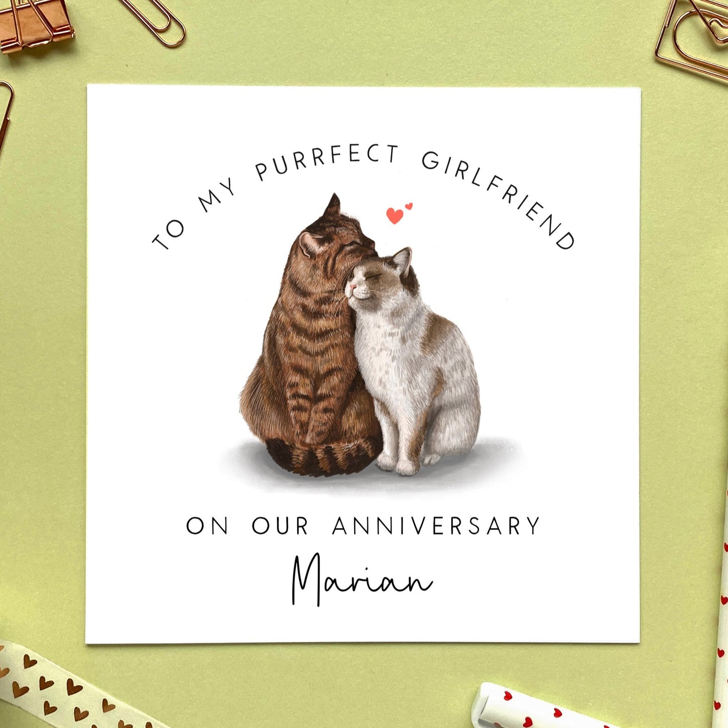 personalised cats anniversary card - for him, her, boyfriend, girlfriend, fiance, fiancee, husband, wife, partner - to my purrfect girlfriend - funny, cute, animal, romantic - handmade, special, wonderful, cat, tabby cat, white cat, siamese cat