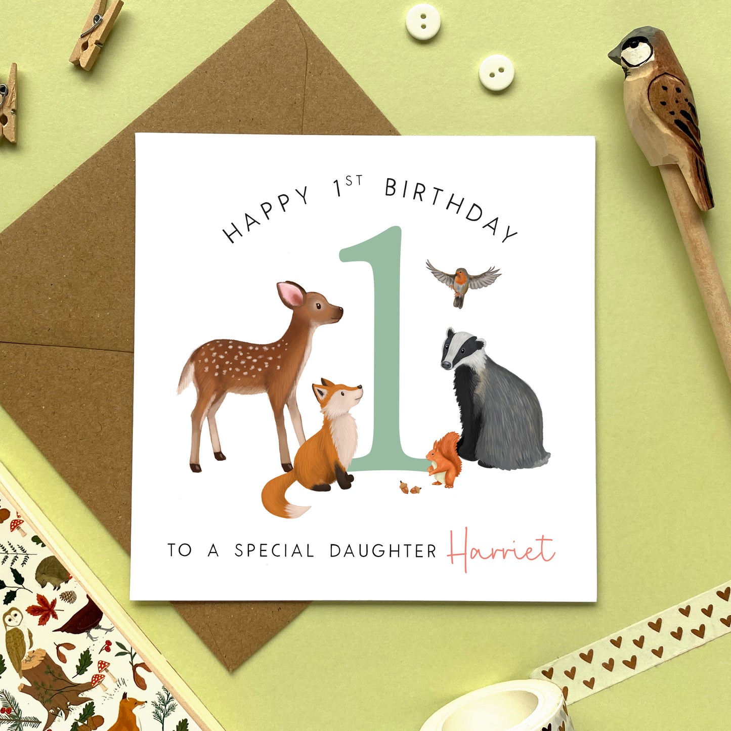 personalised woodland animals 1st birthday card for girl - to a special daughter, granddaughter, niece, sister, baby, children, kids - deer, fox, badger, squirrel, forest wildlife, cute, first birthday card