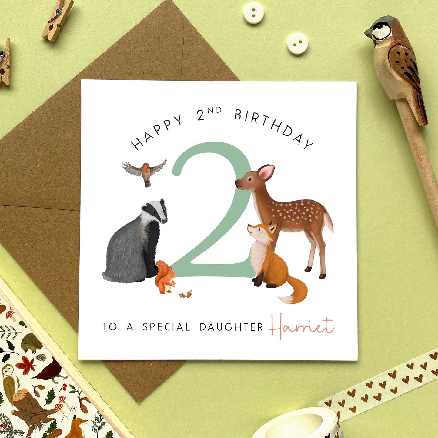 personalised woodland animals 2nd birthday card for girl - to a special daughter, granddaughter, niece, sister, baby, children, kids - deer, fox, badger, squirrel, forest wildlife, cute, second birthday card