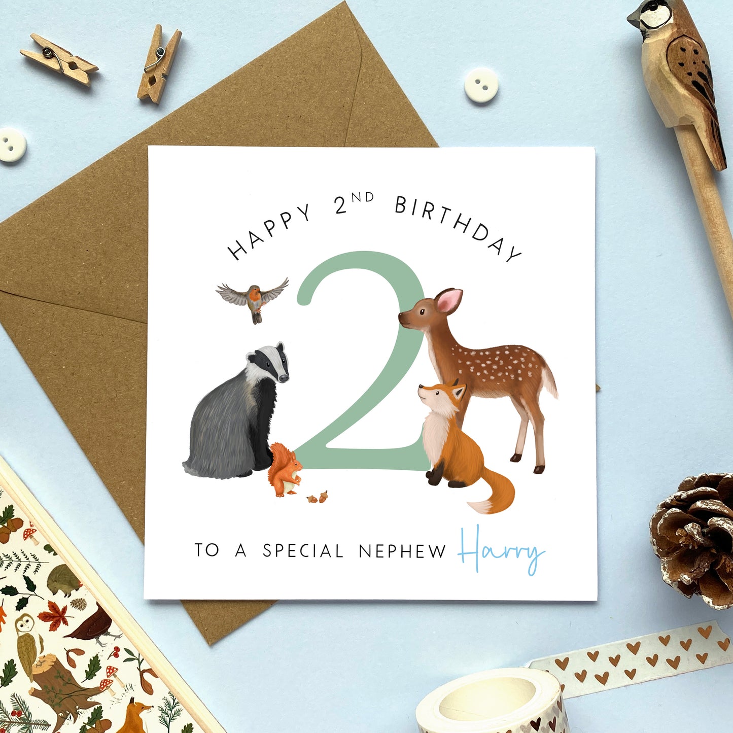  personalised woodland animals 2nd birthday card for boy - to a special son, grandson, nephew, brother, baby, children, kids - deer, fox, badger, squirrel, forest wildlife, cute, second birthday card