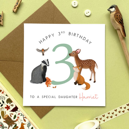 personalised woodland animals 3rd birthday card for girl - to a special daughter, granddaughter, niece, sister, baby, children, kids - deer, fox, badger, squirrel, forest wildlife, cute, third birthday card