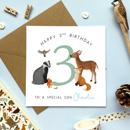 personalised woodland animals 3rd birthday card for boy - to a special son, grandson, nephew, brother, baby, children, kids - deer, fox, badger, squirrel, forest wildlife, cute, third birthday card