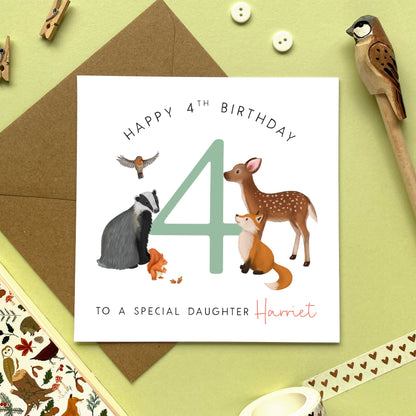 personalised woodland animals 4th birthday card for girl - to a special daughter, granddaughter, niece, sister, baby, children, kids - deer, fox, badger, squirrel, forest wildlife, cute, fourth birthday card