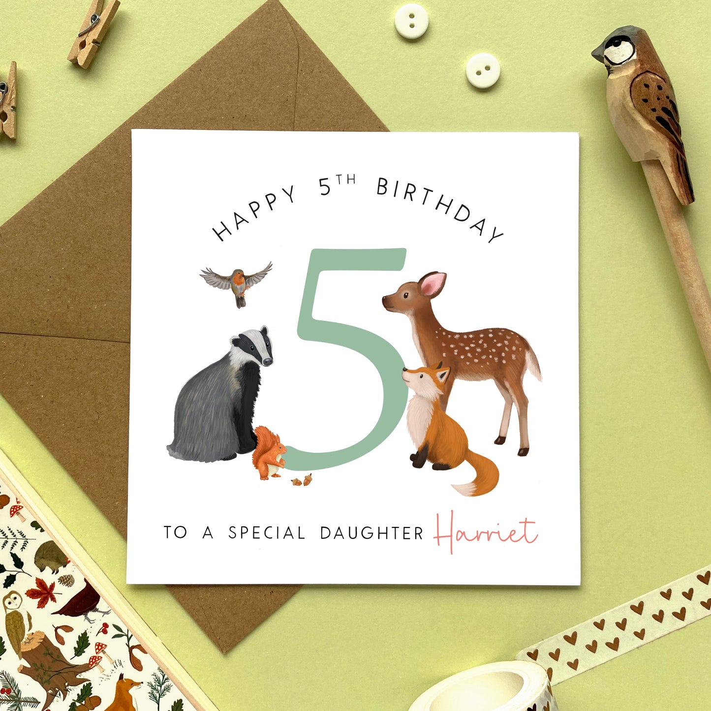 personalised woodland animals 5th birthday card for girl - to a special daughter, granddaughter, niece, sister, baby, children, kids - deer, fox, badger, squirrel, forest wildlife, cute, fifth birthday card